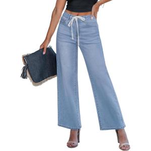imageluvamia Wide Leg Jeans Woman High Waisted Trendy Drawstring Stretchy Denim Pants Relaxed Fit Trouser JeansSeaside Blue