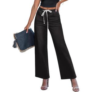 imageluvamia Wide Leg Jeans Woman High Waisted Trendy Drawstring Stretchy Denim Pants Relaxed Fit Trouser JeansWashed Black