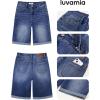 imageluvamia Bermuda Jean Shorts for Women Knee Length High Waisted Trendy Cuffed Hem Long Stretchy Denim Shorts Summer JortsClassic Blue