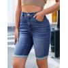 imageluvamia Bermuda Jean Shorts for Women Knee Length High Waisted Trendy Cuffed Hem Long Stretchy Denim Shorts Summer JortsClassic Blue
