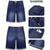 imageluvamia Bermuda Jean Shorts for Women Knee Length High Waisted Trendy Cuffed Hem Long Stretchy Denim Shorts Summer JortsDarkness Blue