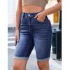 imageluvamia Bermuda Jean Shorts for Women Knee Length High Waisted Trendy Cuffed Hem Long Stretchy Denim Shorts Summer JortsDarkness Blue