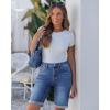imageluvamia Bermuda Jean Shorts for Women Knee Length High Waisted Trendy Cuffed Hem Long Stretchy Denim Shorts Summer JortsMedium Blue