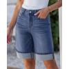 imageluvamia Jean Bermuda Shorts for Women High Waisted Knee Length Cuffed Long Stretchy Denim Shorts Loose Summer JortsClassic Blue
