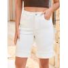 imageluvamia Jean Bermuda Shorts for Women High Waisted Knee Length Cuffed Long Stretchy Denim Shorts Loose Summer JortsCream White
