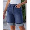 imageluvamia Jean Bermuda Shorts for Women High Waisted Knee Length Cuffed Long Stretchy Denim Shorts Loose Summer JortsDarkness Blue