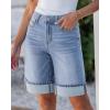 imageluvamia Jean Bermuda Shorts for Women High Waisted Knee Length Cuffed Long Stretchy Denim Shorts Loose Summer JortsPowder Blue