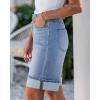 imageluvamia Jean Bermuda Shorts for Women High Waisted Knee Length Cuffed Long Stretchy Denim Shorts Loose Summer JortsPowder Blue