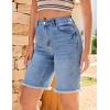 imageluvamia Jean Bermuda Shorts for Women Trendy Mid Rise Raw Hem Knee Length Stretchy Denim Long Shorts Summer Casual JortsBay Blue