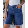 imageluvamia Jean Bermuda Shorts for Women Trendy Mid Rise Raw Hem Knee Length Stretchy Denim Long Shorts Summer Casual JortsClassic Blue
