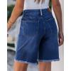 imageluvamia Jean Bermuda Shorts for Women Trendy Mid Rise Raw Hem Knee Length Stretchy Denim Long Shorts Summer Casual JortsClassic Blue