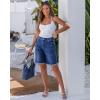 imageluvamia Jean Bermuda Shorts for Women Trendy Mid Rise Raw Hem Knee Length Stretchy Denim Long Shorts Summer Casual JortsClassic Blue