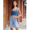 imageluvamia Jean Bermuda Shorts for Women Trendy Mid Rise Raw Hem Knee Length Stretchy Denim Long Shorts Summer Casual JortsPowder Blue