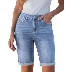 imageluvamia Bermuda Jean Shorts for Women Knee Length High Waisted Trendy Cuffed Hem Long Stretchy Denim Shorts Summer JortsBay Blue