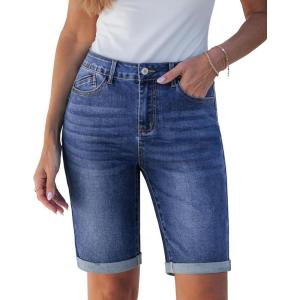 imageluvamia Bermuda Jean Shorts for Women Knee Length High Waisted Trendy Cuffed Hem Long Stretchy Denim Shorts Summer JortsClassic Blue