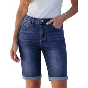 imageluvamia Bermuda Jean Shorts for Women Knee Length High Waisted Trendy Cuffed Hem Long Stretchy Denim Shorts Summer JortsDarkness Blue
