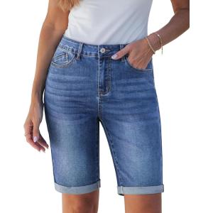 imageluvamia Bermuda Jean Shorts for Women Knee Length High Waisted Trendy Cuffed Hem Long Stretchy Denim Shorts Summer JortsMedium Blue