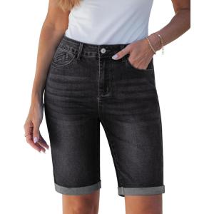 imageluvamia Bermuda Jean Shorts for Women Knee Length High Waisted Trendy Cuffed Hem Long Stretchy Denim Shorts Summer JortsWashed Black
