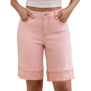 imageluvamia Jean Bermuda Shorts for Women High Waisted Knee Length Cuffed Long Stretchy Denim Shorts Loose Summer JortsCandy Pink