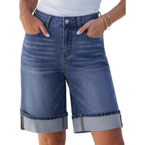 imageluvamia Jean Bermuda Shorts for Women High Waisted Knee Length Cuffed Long Stretchy Denim Shorts Loose Summer JortsClassic Blue