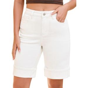 imageluvamia Jean Bermuda Shorts for Women High Waisted Knee Length Cuffed Long Stretchy Denim Shorts Loose Summer JortsCream White