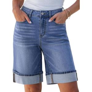 imageluvamia Jean Bermuda Shorts for Women High Waisted Knee Length Cuffed Long Stretchy Denim Shorts Loose Summer JortsMedium Blue