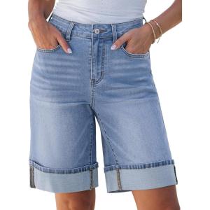 imageluvamia Jean Bermuda Shorts for Women High Waisted Knee Length Cuffed Long Stretchy Denim Shorts Loose Summer JortsPowder Blue