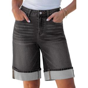 imageluvamia Jean Bermuda Shorts for Women High Waisted Knee Length Cuffed Long Stretchy Denim Shorts Loose Summer JortsWashed Black