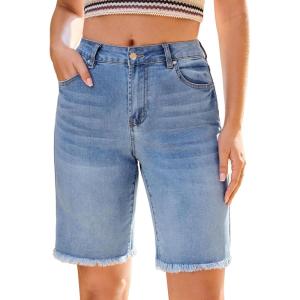 imageluvamia Jean Bermuda Shorts for Women Trendy Mid Rise Raw Hem Knee Length Stretchy Denim Long Shorts Summer Casual JortsBay Blue
