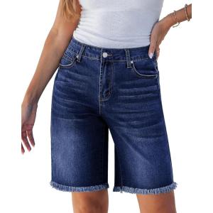 imageluvamia Jean Bermuda Shorts for Women Trendy Mid Rise Raw Hem Knee Length Stretchy Denim Long Shorts Summer Casual JortsDarkness Blue