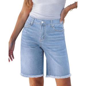 imageluvamia Jean Bermuda Shorts for Women Trendy Mid Rise Raw Hem Knee Length Stretchy Denim Long Shorts Summer Casual JortsPowder Blue