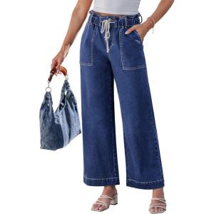 imageluvamia Wide Leg Jeans for Women Trendy High Waisted Elastic Waist Paperbag Drawstring Stretchy Denim Pants Trouser JeansClassic Blue