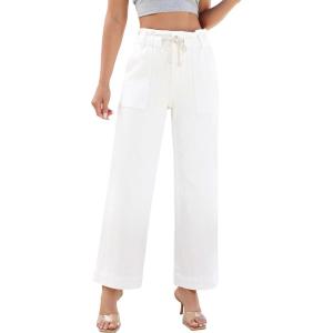 imageluvamia Wide Leg Jeans for Women Trendy High Waisted Elastic Waist Paperbag Drawstring Stretchy Denim Pants Trouser JeansCream White