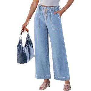 imageluvamia Wide Leg Jeans for Women Trendy High Waisted Elastic Waist Paperbag Drawstring Stretchy Denim Pants Trouser JeansSoft Blue