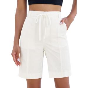 image:imageluvamia Bermuda Shorts for Women Trendy High Waist Knee Length Chino Long Shorts Drawstring Summer Casual Short 9Cream White