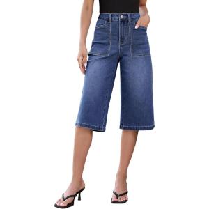 image:imageluvamia Capri Jeans for Women Wide Leg Trendy High Waisted Casual Summer Stretchy Denim Culottes Capri Pants with PocketClassic Blue