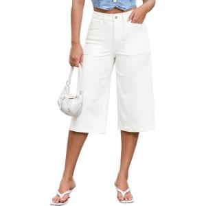 image:imageluvamia Capri Jeans for Women Wide Leg Trendy High Waisted Casual Summer Stretchy Denim Culottes Capri Pants with PocketCream White