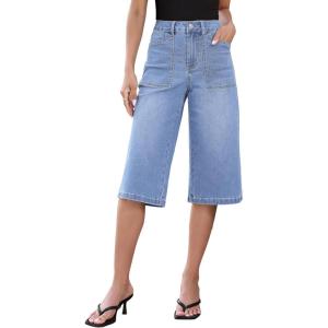 image:imageluvamia Capri Jeans for Women Wide Leg Trendy High Waisted Casual Summer Stretchy Denim Culottes Capri Pants with PocketSeaside Blue