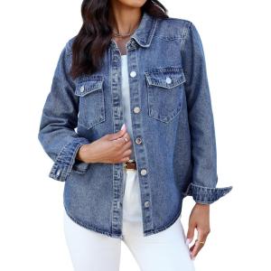 image:imageluvamia Denim Jackets for Women Trendy Long Sleeve Distressed Jean Button Down Shirts Jacket Shacket Trucker JacketClassic Blue