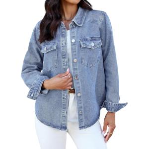 image:imageluvamia Denim Jackets for Women Trendy Long Sleeve Distressed Jean Button Down Shirts Jacket Shacket Trucker JacketCody Blue