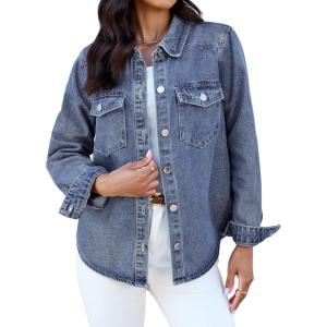 image:imageluvamia Denim Jackets for Women Trendy Long Sleeve Distressed Jean Button Down Shirts Jacket Shacket Trucker JacketDark Atlantic Blue
