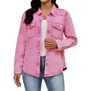 image:imageluvamia Denim Jackets for Women Trendy Long Sleeve Distressed Jean Button Down Shirts Jacket Shacket Trucker JacketHot Pink