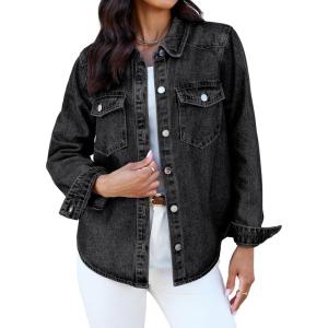 image:imageluvamia Denim Jackets for Women Trendy Long Sleeve Distressed Jean Button Down Shirts Jacket Shacket Trucker JacketWashed Black