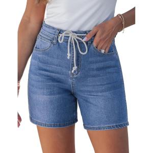 image:imageluvamia Jean Shorts for Women High Waisted Trendy Drawstring Stretchy Denim Shorts Summer Casual Jorts with PocketsMedium Blue