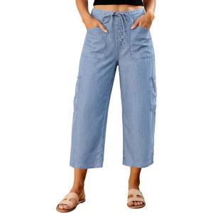 image:imageluvamia Barrel Jeans for Women Trendy Wide Leg High Rise Baggy Pull On Elastic Waist Button Fly Drawstring Denim PantsAiry Blue