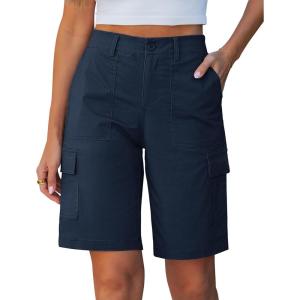 image:imageluvamia Bermuda Shorts for Women Knee Length Casual Summer Mid Rise Cargo Pockets Knit Elastic Waist 11 Inch Inseam ShortsNavy Blue
