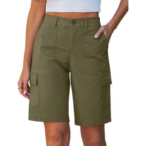 image:imageluvamia Bermuda Shorts for Women Knee Length Casual Summer Mid Rise Cargo Pockets Knit Elastic Waist 11 Inch Inseam ShortsOlive Green