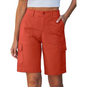 image:imageluvamia Bermuda Shorts for Women Knee Length Casual Summer Mid Rise Cargo Pockets Knit Elastic Waist 11 Inch Inseam ShortsRed Clay
