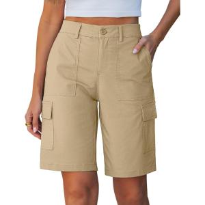 image:imageluvamia Bermuda Shorts for Women Knee Length Casual Summer Mid Rise Cargo Pockets Knit Elastic Waist 11 Inch Inseam ShortsSand