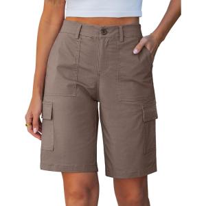 image:imageluvamia Bermuda Shorts for Women Knee Length Casual Summer Mid Rise Cargo Pockets Knit Elastic Waist 11 Inch Inseam ShortsTaupe